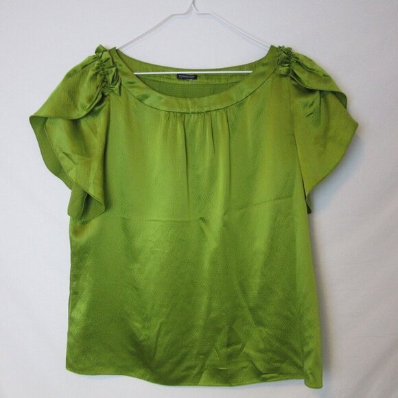 Magaschoni Collection Womens Medium Silk Ruffled Short Sleeved Blouse Top Green - Picture 1 of 5